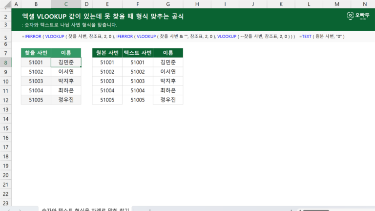 엑셀 VLOOKUP 값이 있는데 못 찾을 때 형식 맞추는 공식 예제 미리보기