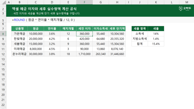 예금 이자와 세후 실수령액 계산 공식 예제 미리보기