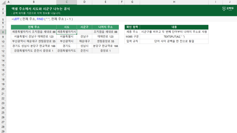 주소에서 시도와 시군구 나누는 공식 예제 미리보기