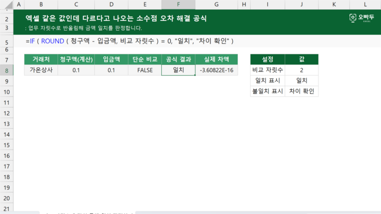 엑셀 같은 값인데 다르다고 나오는 소수점 오차 해결 공식 예제 미리보기