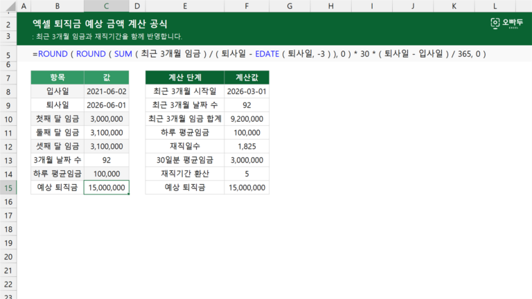 퇴직금 예상 금액 계산 공식 예제 미리보기
