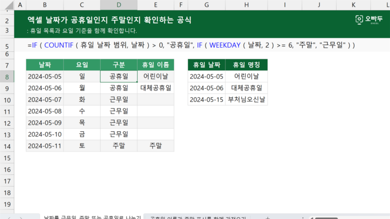 엑셀 날짜가 공휴일인지 주말인지 확인하는 공식 예제 미리보기
