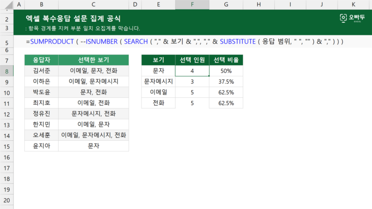 복수응답 설문 집계 공식 예제 미리보기