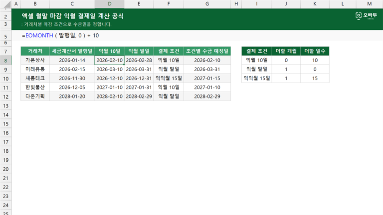 월말 마감 익월 결제일 계산 공식 예제 미리보기