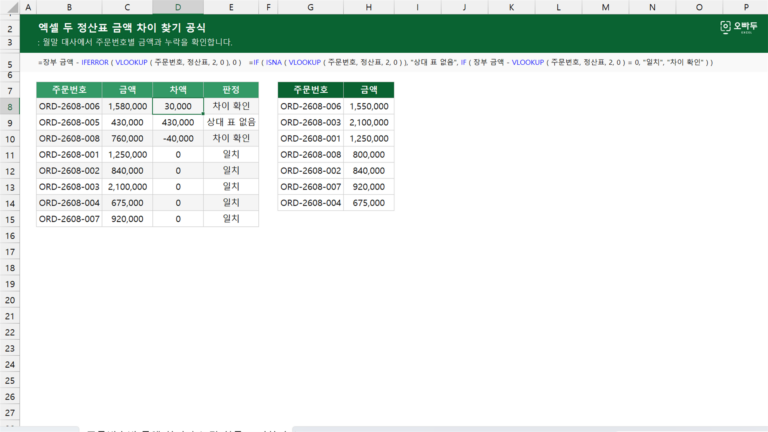 두 정산표 금액 차이 찾기 공식 예제 미리보기