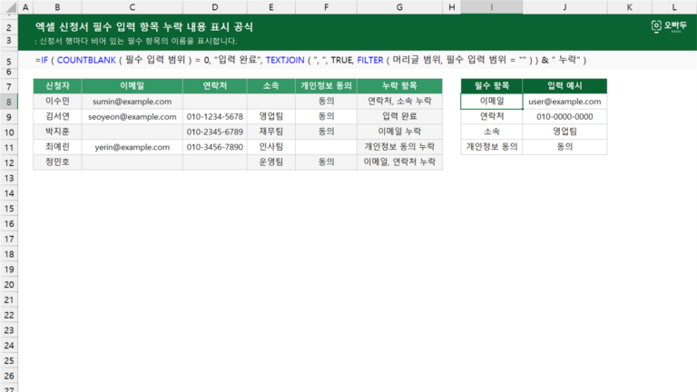 신청서 필수 입력 항목 누락 내용 표시 공식 예제 미리보기