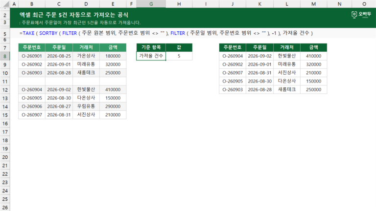 최근 주문 5건 자동으로 가져오는 공식 예제 미리보기