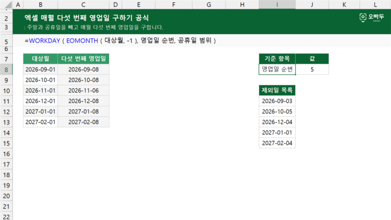 매월 다섯 번째 영업일 구하기 공식 예제 미리보기