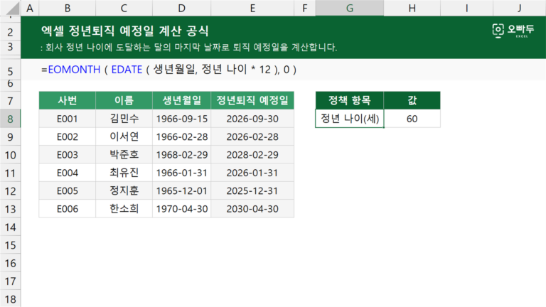 정년퇴직 예정일 계산 공식 예제 미리보기
