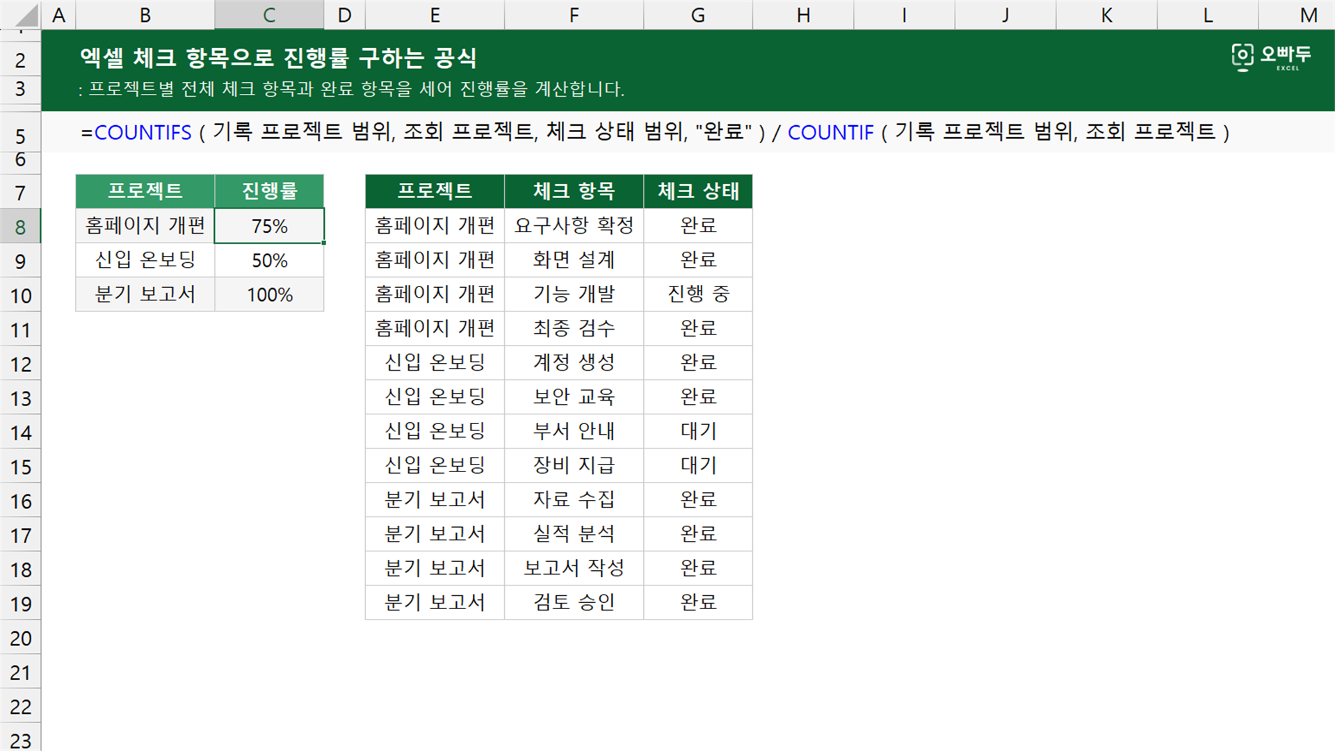 엑셀 체크 항목으로 진행률 구하는 공식