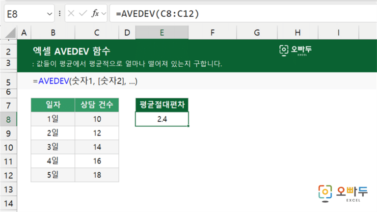 AVEDEV 함수 예제 미리보기