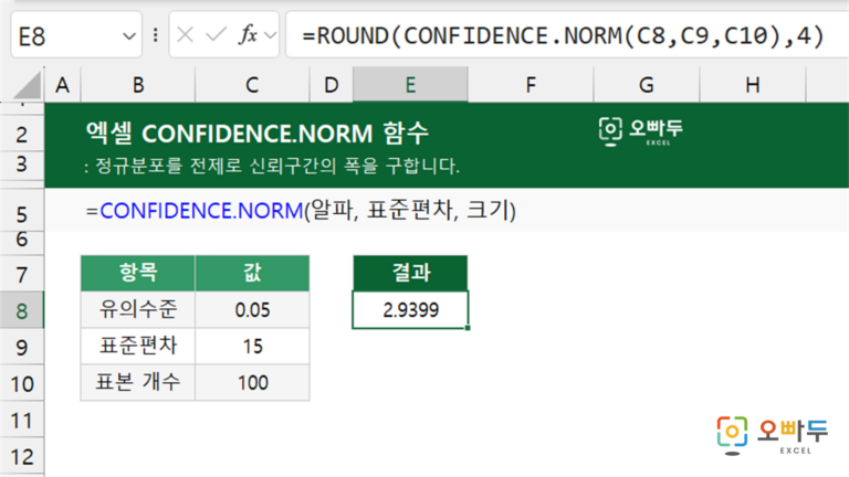 CONFIDENCE.NORM 함수 예제 미리보기