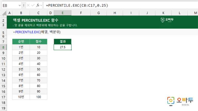 PERCENTILE.EXC 함수 예제 미리보기