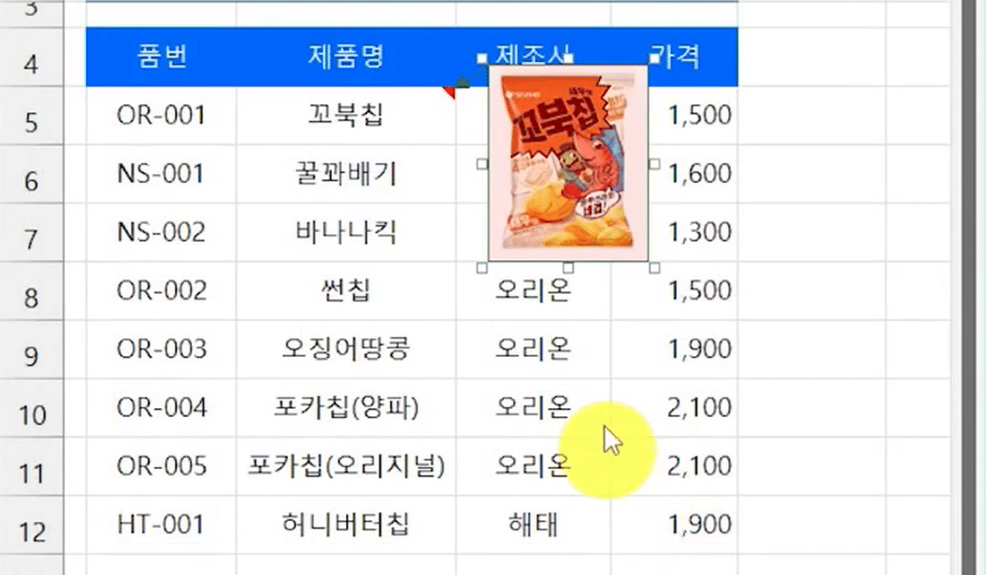 표 위의 메모 상자가 꼬북칩 그림으로 채워지고 조절점이 보이는 화면