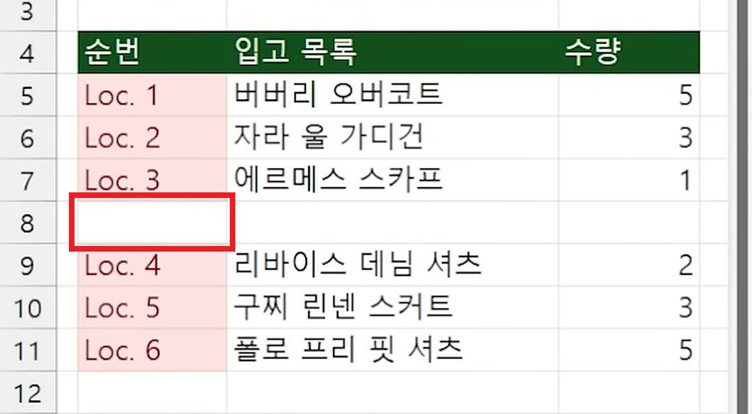 빈 행인 8·12·15행은 건너뛰고 Loc. 1부터 Loc. 8까지 순번이 매겨진 떨어진범위순번 시트 화면