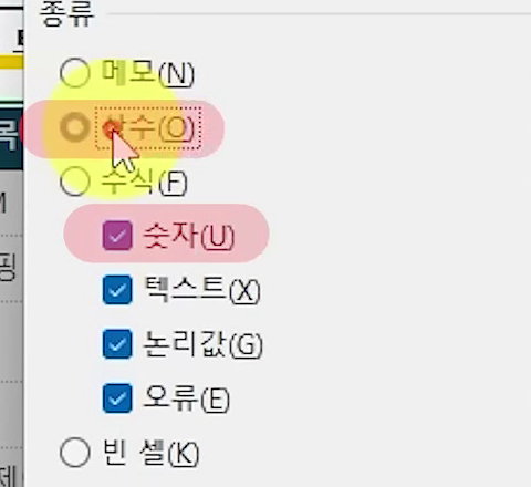 이동 옵션 창에서 상수를 고르자 숫자 텍스트 논리값 오류 체크 상자가 켜지고 상수와 숫자가 강조된 화면