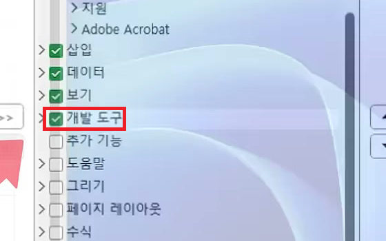 Excel 옵션의 리본 메뉴 사용자 지정 화면에서 개발 도구에 체크하고 화살표가 확인 단추를 가리키는 장면