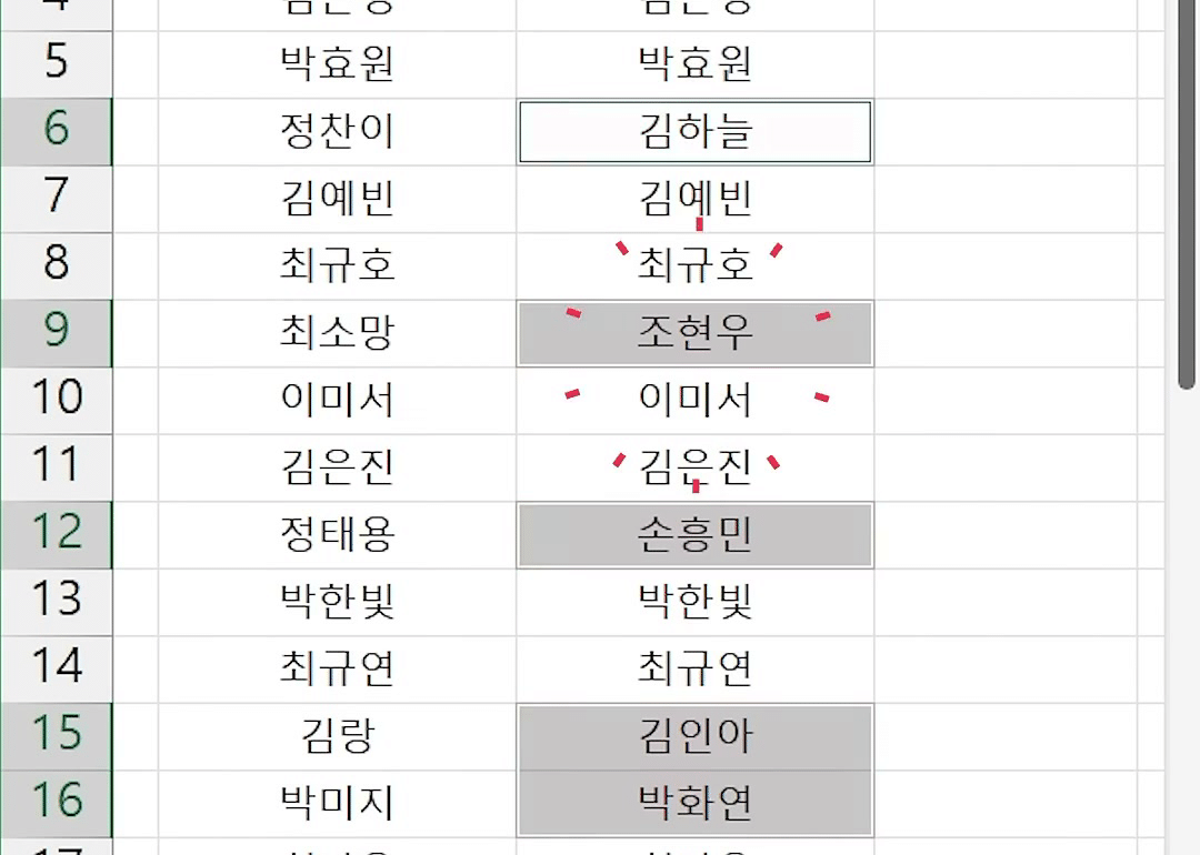 Ctrl + ₩를 누른 뒤 C열의 김하늘·조현우·손흥민·김인아·박화연 다섯 셀만 선택되고 상태 표시줄에 개수 5가 보이는 화면