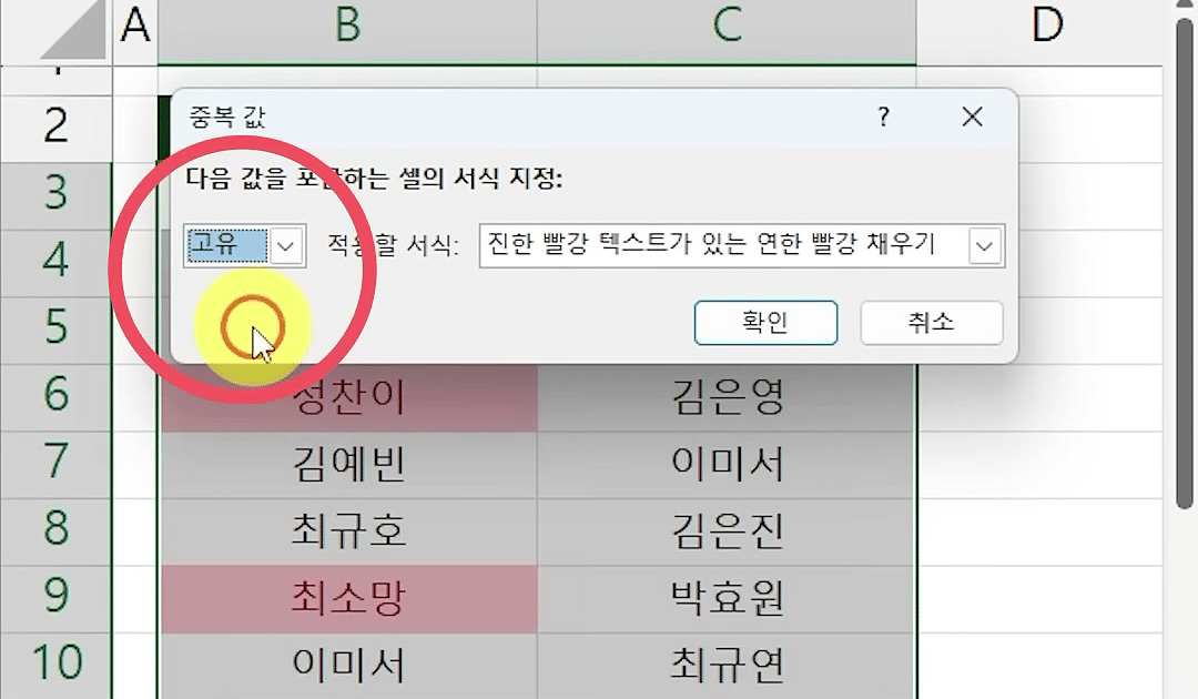 중복 값 대화상자에서 첫 칸을 고유로 바꾸고 뒤쪽 시트에 한쪽에만 있는 이름이 분홍으로 미리 보이는 화면