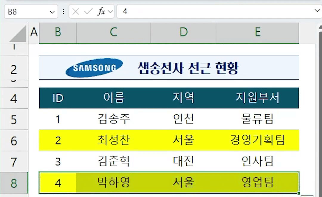 F4를 누르자 8행이 노란색으로 바뀌고 화면 가운데 「F4 이전 작업 다시 실행」 글자가 뜬 화면