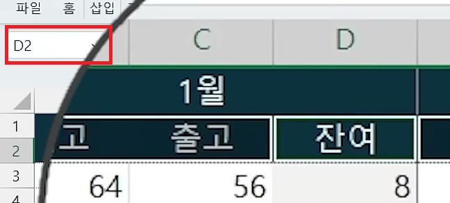이름 상자가 D2로 바뀌고 2행 잔여 머리글에 녹색 활성 셀 테두리가 생긴 확대 화면