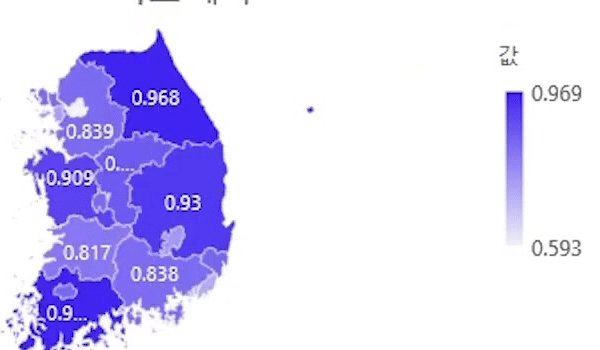 보라색 지도의 시/도마다 0.968, 0.909, 0.93 같은 값이 레이블로 표시된 화면