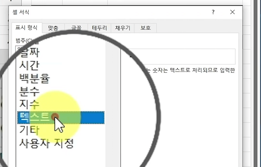 셀 서식 대화상자 범주 목록에서 텍스트가 파랗게 선택되고 오른쪽에 텍스트 서식 설명이 나온 화면