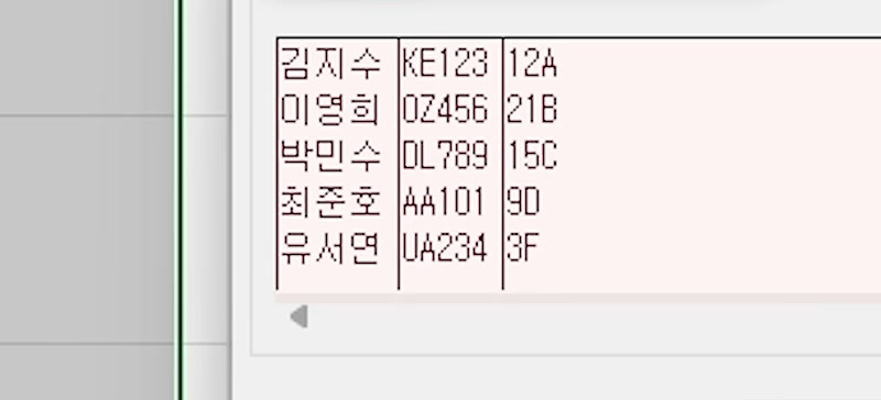 기타 입력란에 Ctrl+J로 줄바꿈을 넣자 미리 보기가 이름·탑승편·좌석 3개 열로 나뉜 텍스트 마법사 2단계 화면