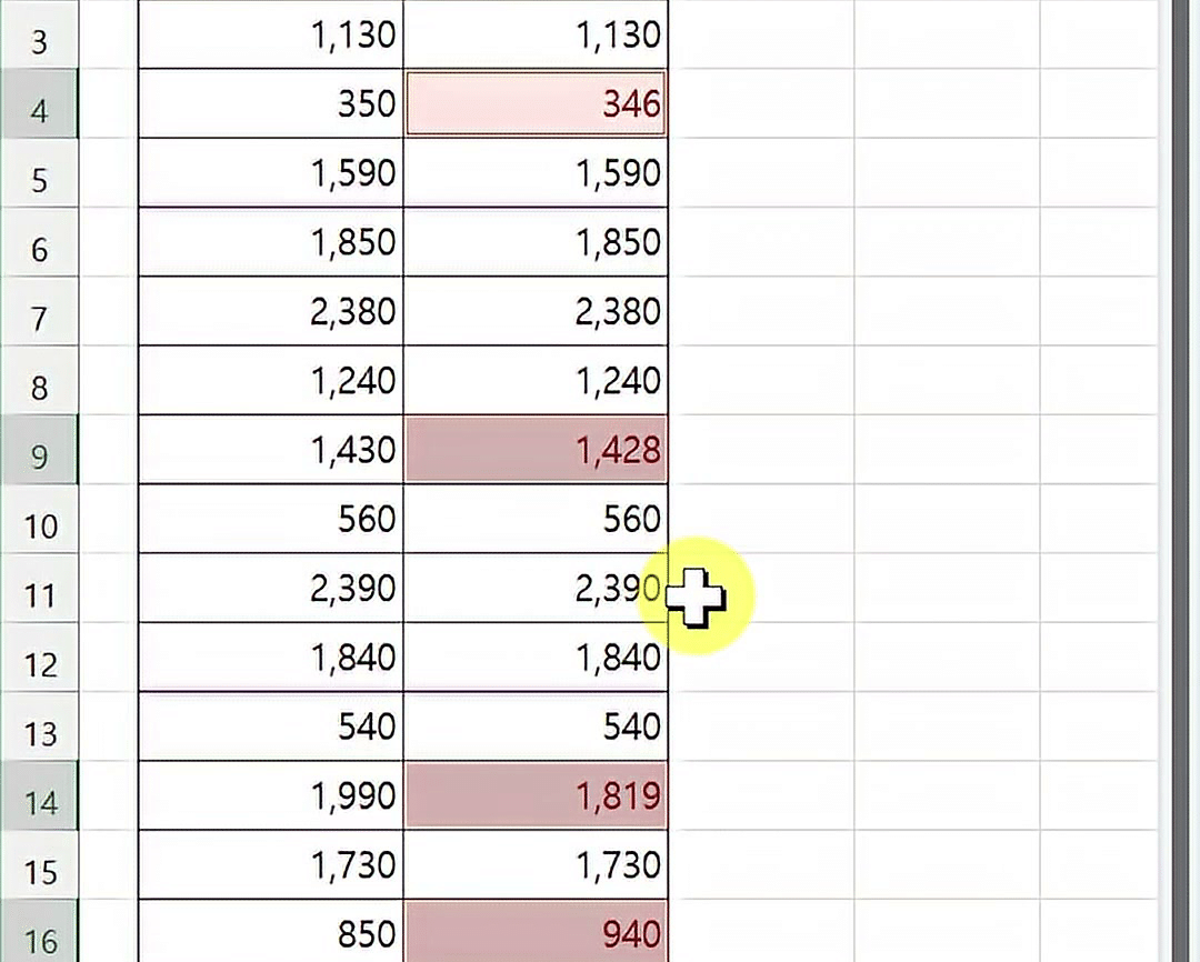 재고·실사 표에서 값이 다른 C4·C9·C14·C16 네 칸만 선택되고 상태 표시줄에 개수 4가 보이는 화면