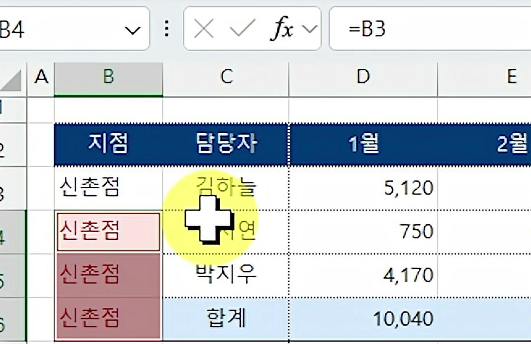 B열 빈칸이 신촌점·강남점·여의도점·용산점으로 채워지고 Ctrl + Enter 스티커가 떠 있는 화면