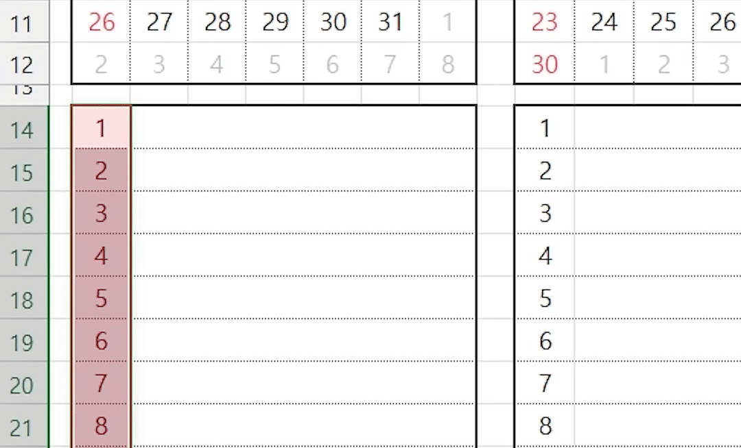 일정표의 B14부터 아래로 끌어 날짜 칸이 선택된 화면