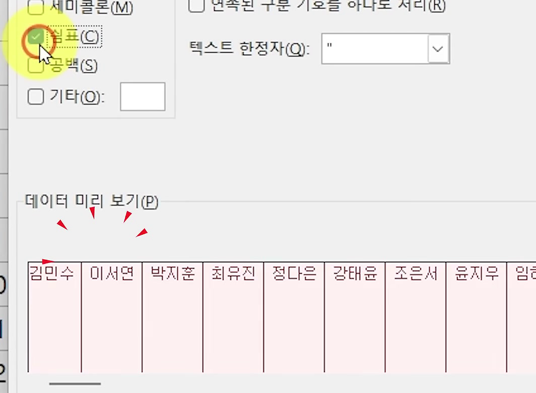 텍스트 마법사 2단계에서 쉼표(C)를 체크하자 데이터 미리 보기의 이름이 열별로 나뉜 화면