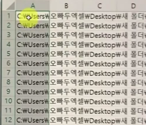 엑셀 A1부터 19행까지 새 폴더 경로로 시작하는 전체 경로가 붙여넣어진 화면