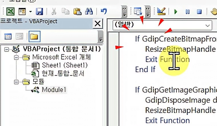 Module1 코드 창에 ResizeBitmapHandle·ArgbToVbaColor·PxToColumnWidth 코드가 붙여넣어진 화면