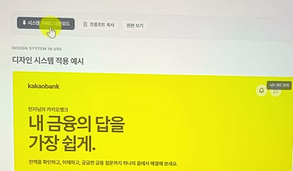 카카오뱅크 상세 페이지에서 마우스가 「시스템 가이드 다운로드」 단추 위에 있고 아래에 노란 적용 예시가 보이는 화면