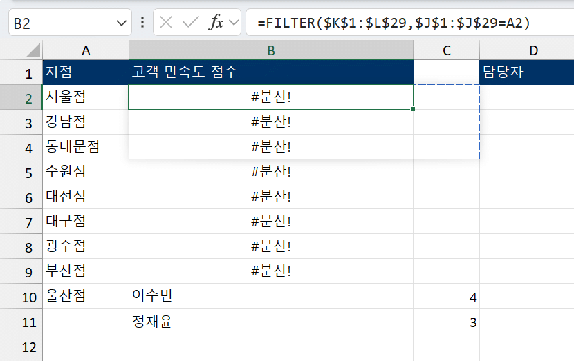 FILTER 함수를 자동 채우기하자 결과가 겹쳐 분산 오류가 난 화면