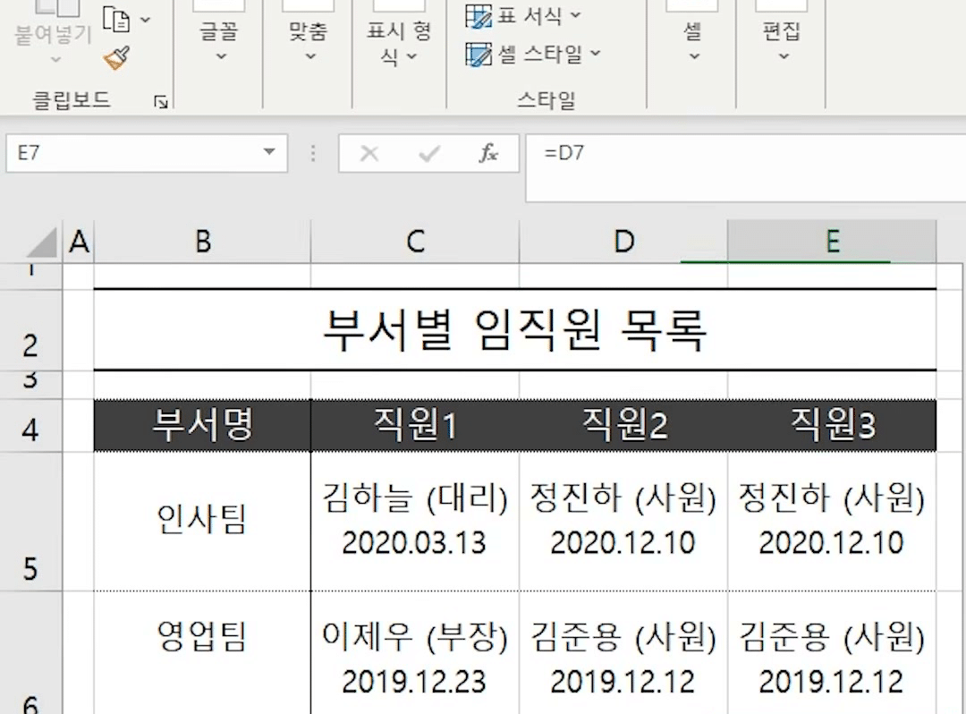 E7 셀의 수식 입력줄에 =D7이 보이고, E열 7~10행의 0이 나온 칸들이 빨간 테두리로 강조된 부서별 임직원 목록 화면