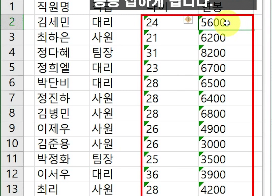 나이·연봉 열 D2:E18 범위가 빨간 사각형으로 강조되고 숫자마다 초록 삼각형이 붙은 화면
