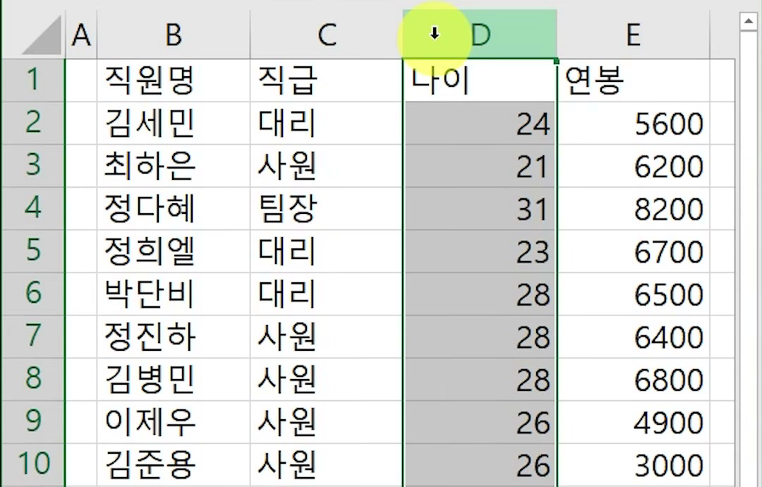 D열 나이 값이 모두 오른쪽 정렬된 숫자로 바뀌고 상태 표시줄에 평균: 27.17647059 와 합계: 462 가 보이는 화면
