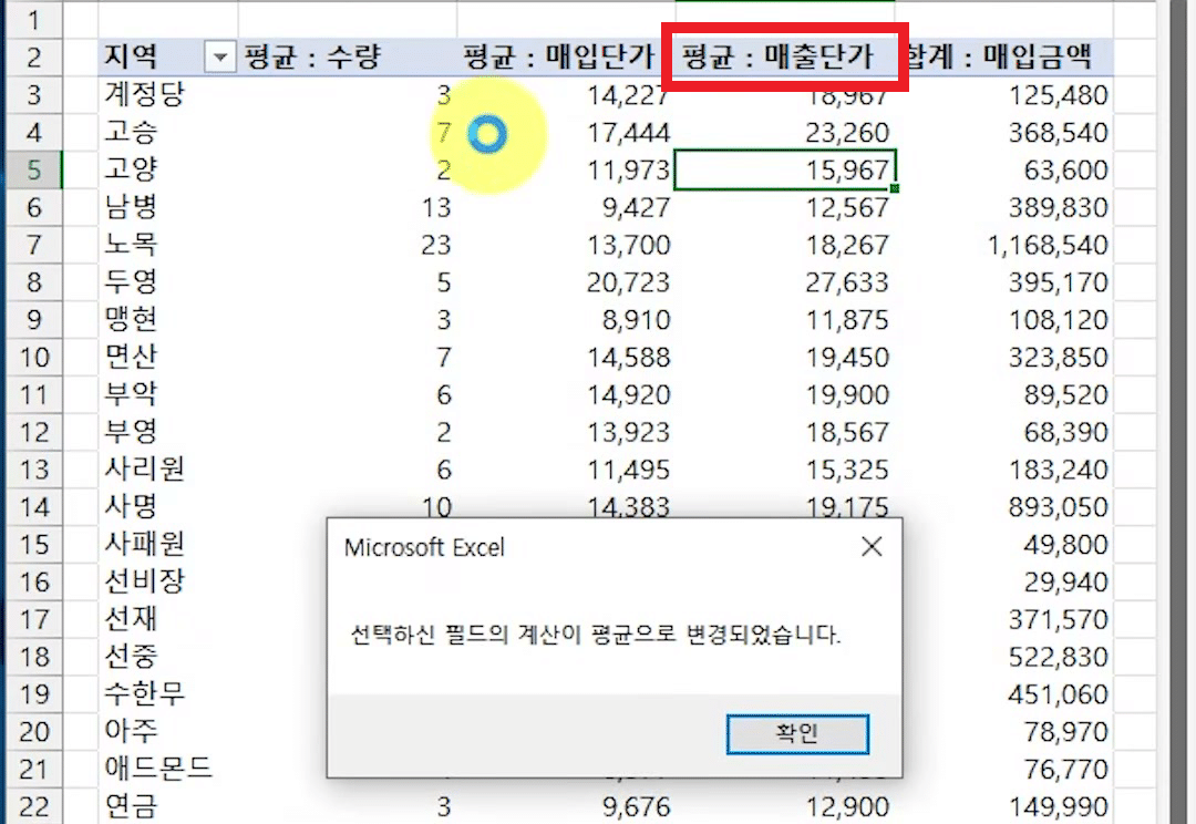계산이 평균으로 변경되었다는 알림 창 뒤로 평균 : 매출단가 열과 그대로 남은 합계 : 매입금액 열이 보이는 피벗테이블
