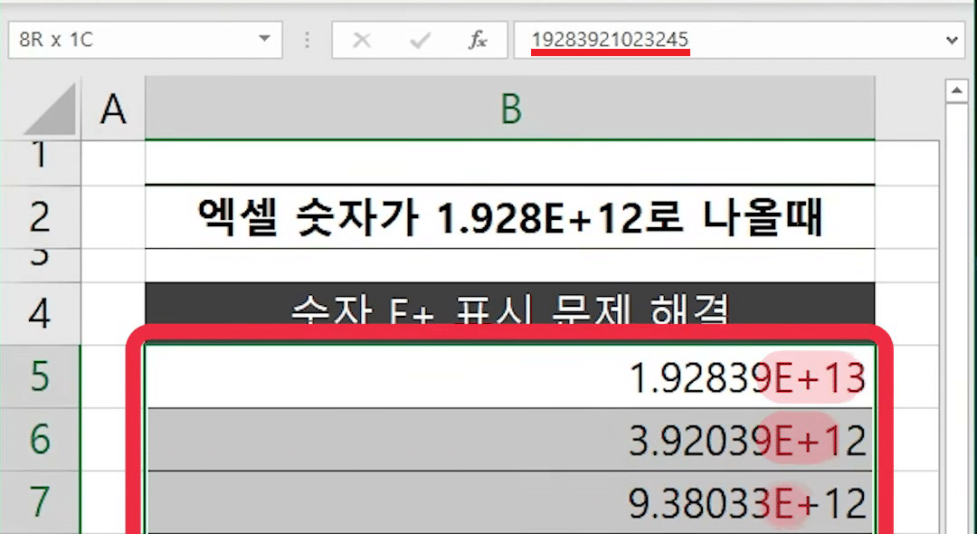 B5:B12를 고른 채 셀에는 1.92839E+13, 수식 입력줄에는 19283921023245가 보이는 엑셀 화면