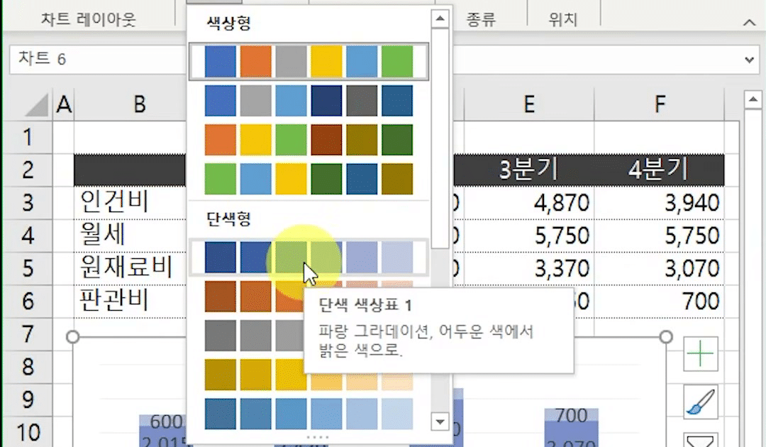 색 변경 갤러리의 단색형 첫 줄에 마우스를 올려 단색 색상표 1 툴팁이 뜨고 차트가 파랑 계열로 미리 보이는 화면