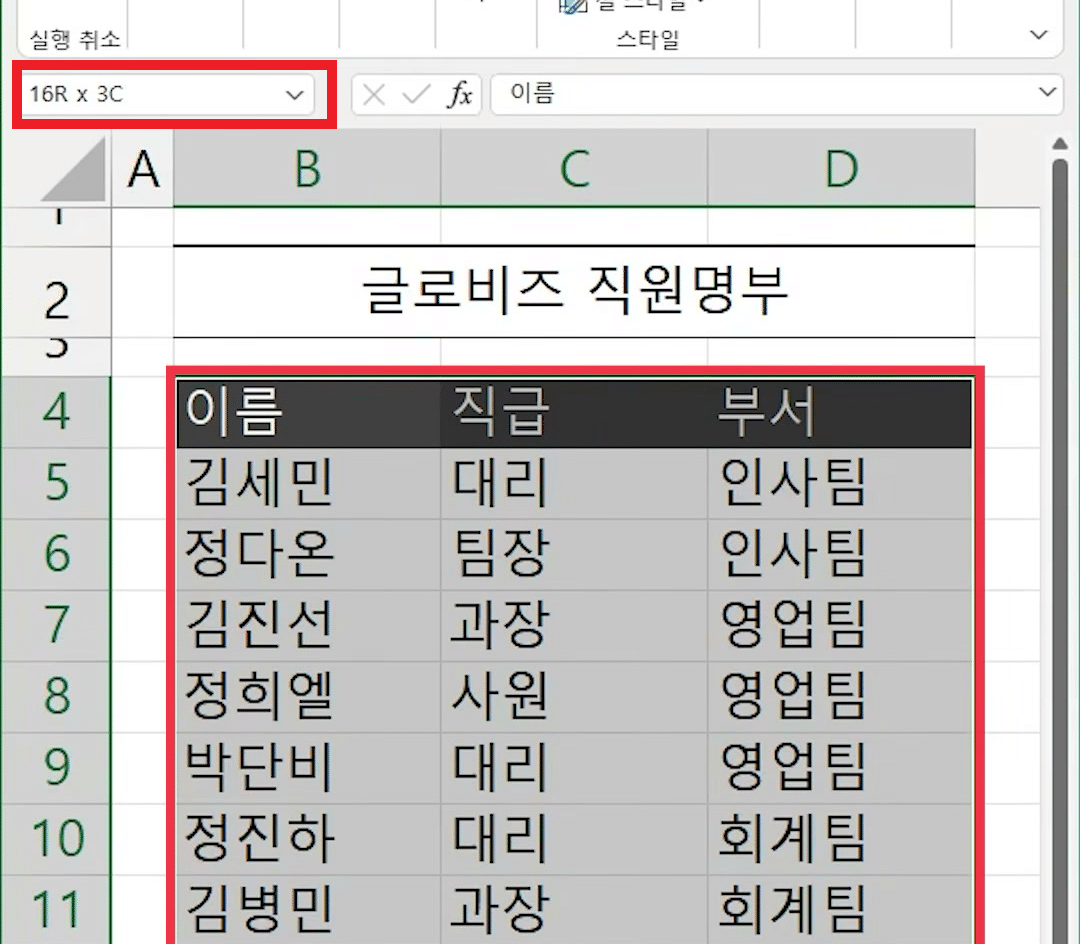 직원명부 표를 B4부터 빈 19행까지 끌어 고르고 이름 상자에 16R x 3C가 보이는 화면