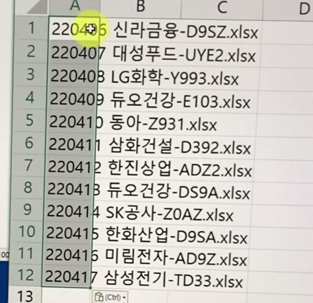 엑셀 A1부터 A12까지 220406 신라금융부터 220417 삼성전기까지 파일 이름 12개가 붙여넣어진 화면