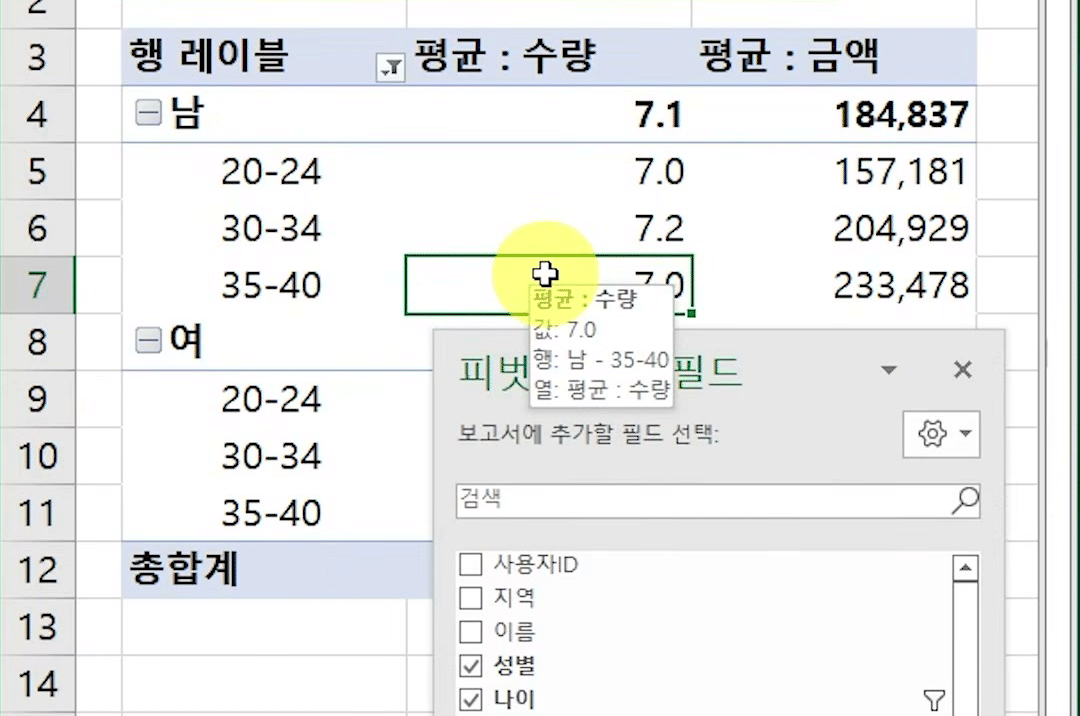 「나이대별」 시트에 성별·나이대별 평균 수량과 평균 금액 피벗테이블이 있고 오른쪽 피벗 테이블 필드 창에 행 성별·나이, 값 평균 수량·평균 금액이 보이는 화면
