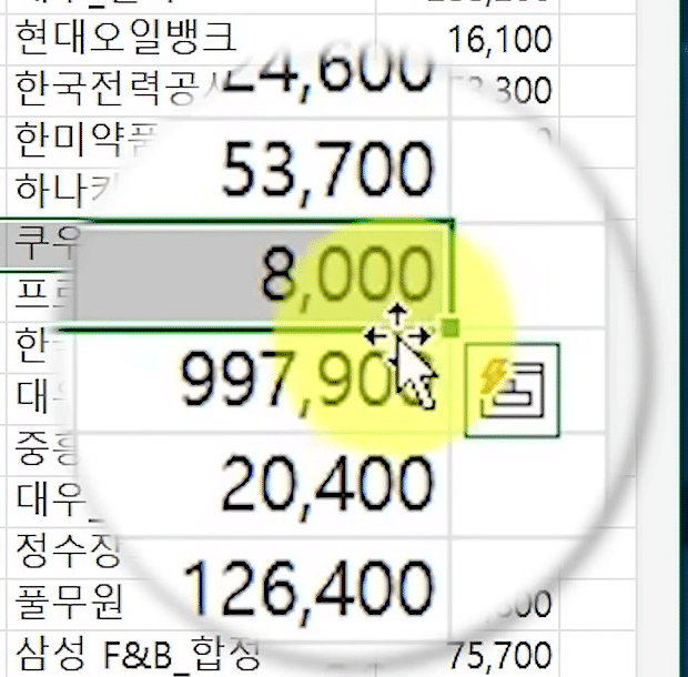 확대한 선택 영역 모서리에서 커서가 위아래 화살표 모양으로 바뀌고 「Shift 키를 누른 상태로 커서를 이동하면」 설명 카드가 뜬 화면