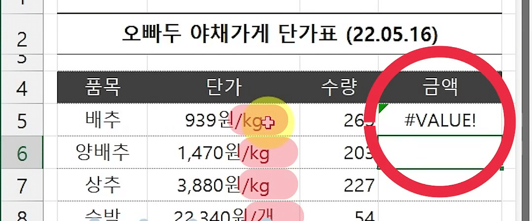단가에 단위가 섞여 금액 셀에 #VALUE! 오류가 나고 빨간 원으로 강조된 단가표 화면