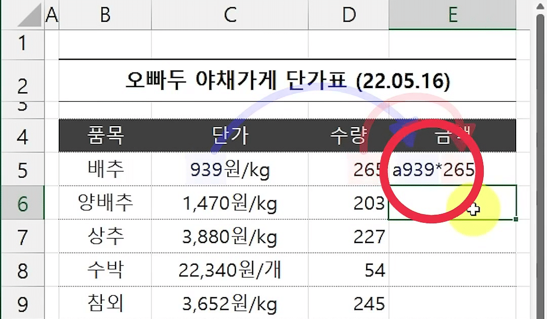 E5 셀에 a939*265 가 입력되고 빨간 원으로 강조된 금액 열 화면