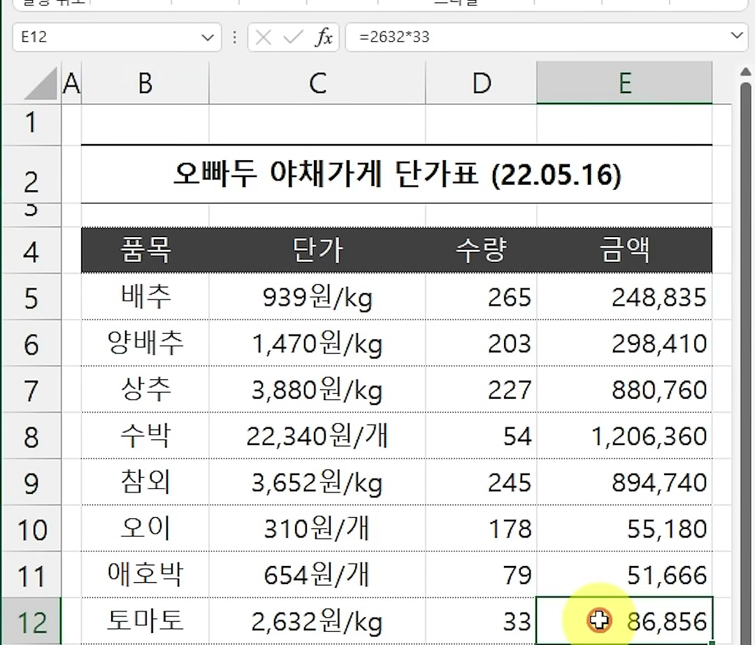 찾기 및 바꾸기를 닫은 뒤 금액 열이 248,835부터 958까지 계산되고 E12 셀 수식 입력줄에 =2632*33 이 보이는 화면