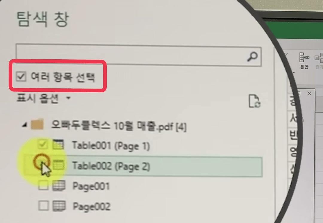 여러 항목 선택을 켜고 Table001 (Page 1)에 체크한 뒤 Table002 (Page 2) 체크 상자를 누르는 화면
